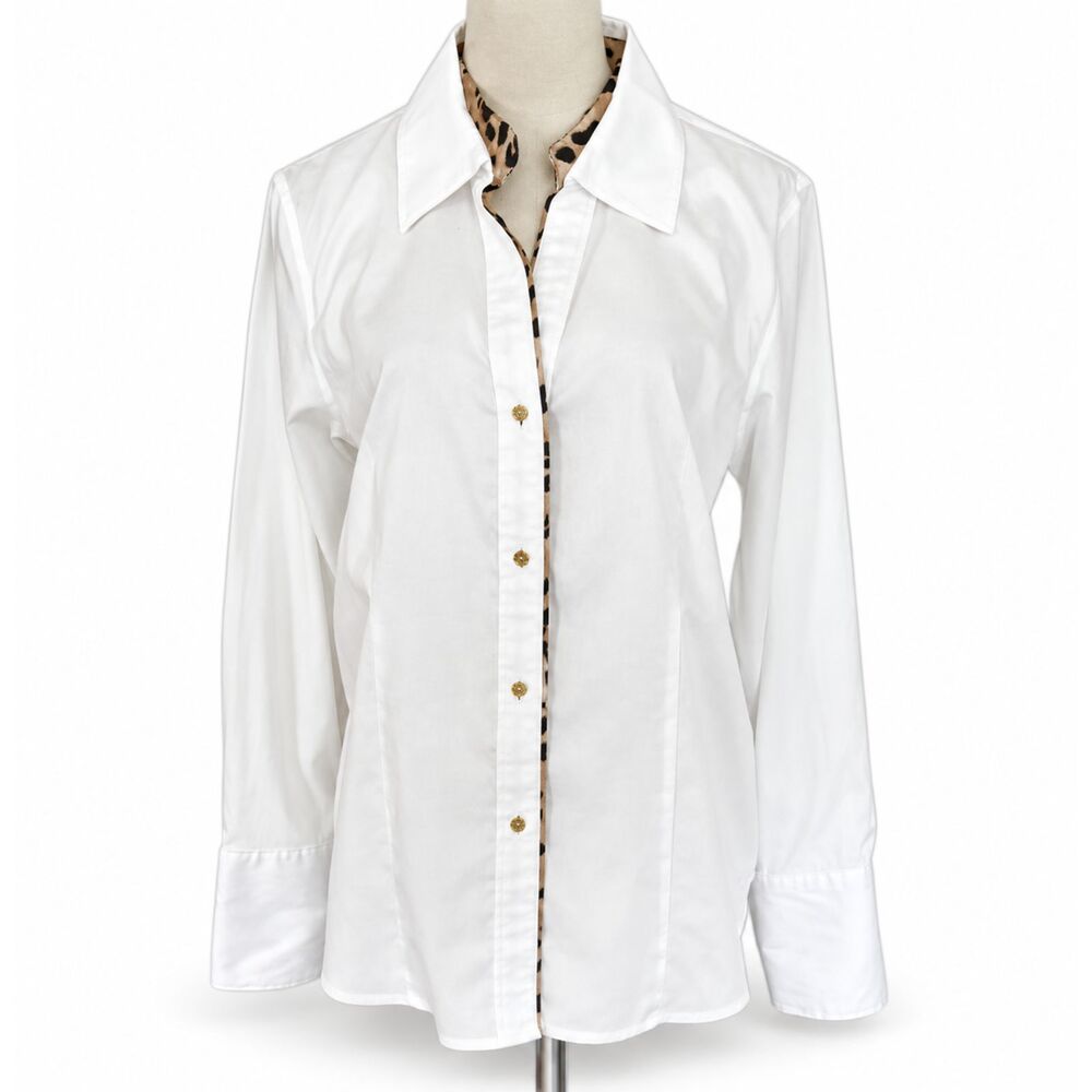 Calvin Klein Woman's Oxford Top with Leopard Piping Large